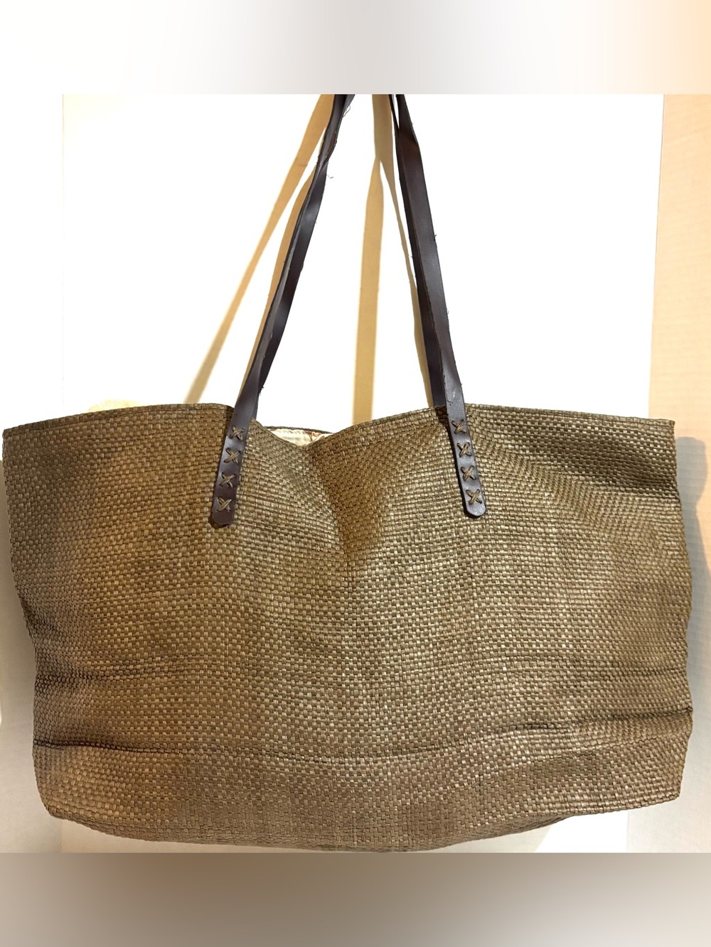 Neutral Woven straw Tote with Dark Brown Leather Handles